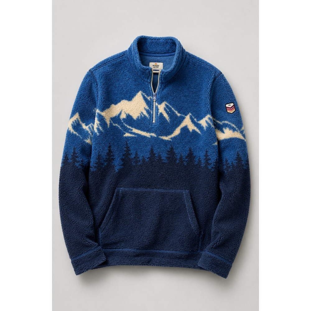 Marine Layer Sherpa Fleece Mens XL Blue Mountain Scene Sweater Nature Ski Cabin - Picture 1 of 9